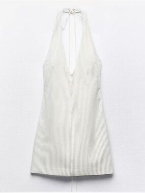 Zara White Cotton Blend
Striped Short V-neck Halter
Dress.